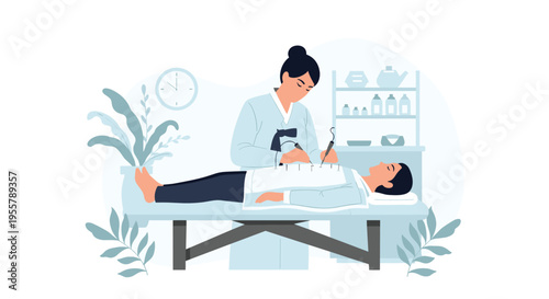 Traditional Korean medical practitioner performs an acupuncture treatment on a male patient lying on a table in a clinic room.
