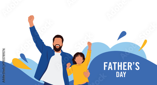 Proud father and his young son raise their fists in triumph against a blue wavy background to celebrate their bond on Father Day.