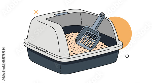 Modern grey and white covered cat litter box with a matching plastic scoop and light colored litter granules inside the tray.