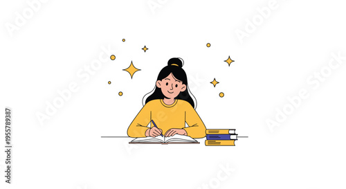 Young woman with her hair in a bun sits at a desk and writes in a book while surrounded by glowing stars and magic sparkles.