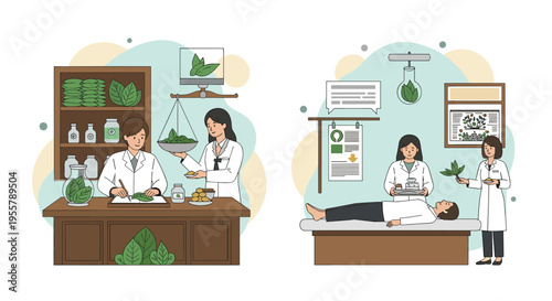 Scientists in white coats researching medicinal plants and performing medical examinations on a patient in a clean healthcare facility.