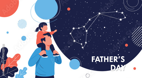 Loving father carrying young daughter on his shoulders while stargazing at a beautiful constellation against a deep blue night sky.