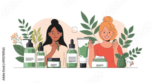 Two diverse young women smiling while showcasing various organic skincare products and natural beauty treatments in a lush green setting.