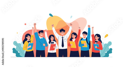 Diverse group of enthusiastic students raising their arms in triumph while holding books and folders in front of a colorful abstract background.