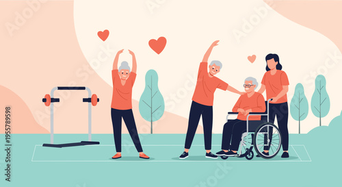 Senior citizens performing stretching exercises in a park with a caring assistant near an elderly man in a wheelchair.