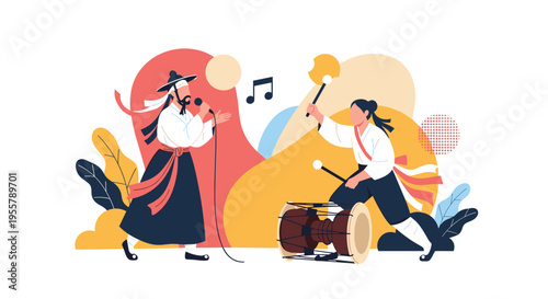 Two traditional Korean performers in folk costumes singing into a microphone and playing a large drum against a colorful backdrop.