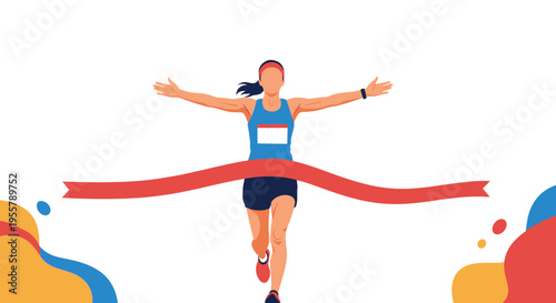 Determined female athlete with arms outstretched crossing the red finish line tape at the end of a competitive marathon race.