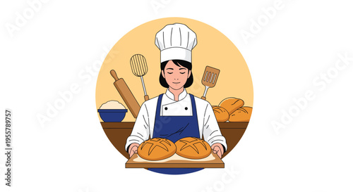 Professional female baker in white chef attire holding a wooden tray with two fresh golden loaves of bread in a bakery setting.