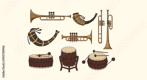 Collection of traditional musical instruments including brass trumpets, curved horns, and various sizes of wooden drums on a plain background.