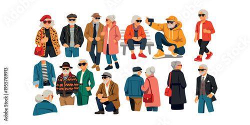 group of stylish seniors in casual modern fashion