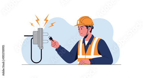 Professional electrician wearing a safety helmet and vest carefully examines a power plug and socket with glowing electrical sparks showing.