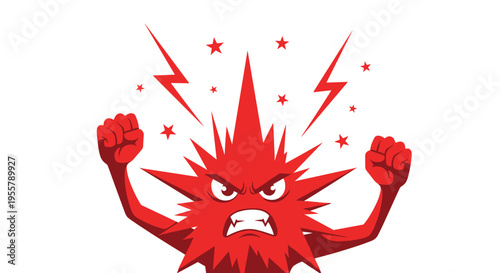 Angry red spiked monster character with clenched fists and lightning bolts symbolizing intense anger or a dangerous viral infection or threat.