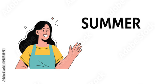 Happy young woman in a yellow shirt and blue apron waves cheerfully next to the word summer in bold black letters on a white background.