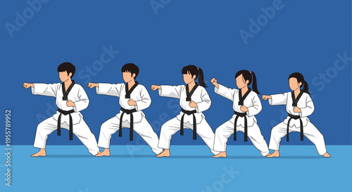 Five children in traditional white uniforms and black belts practice taekwondo punches in a synchronized formation against a blue background.