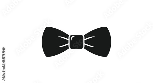 Classic black bow tie silhouette with white highlights on the center knot isolated on a plain white background for formal fashion designs.