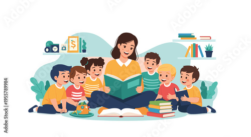 Kind teacher sits on the floor reading an engaging storybook to a group of diverse and attentive young children in a primary school setting.