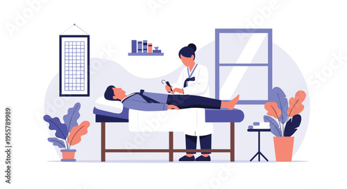 Professional female doctor performing a traditional acupuncture treatment on a male patient lying on a clinic bed in a calm indoor setting.