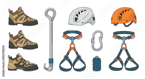 Essential rock climbing gear including safety harnesses, helmets, ropes, carabiners, and specialized climbing boots in a flat layout design.