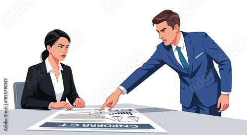 Illustration of a businessman pointing at a graph with a businesswoman sitting across from him in a meeting with a blue and white color scheme.
