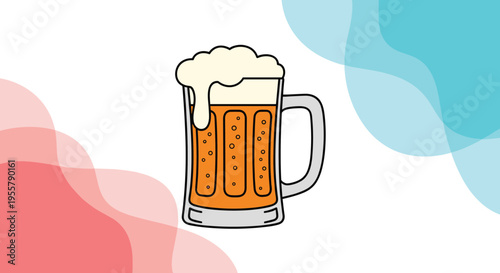 Refreshing mug of golden beer topped with thick white foam against a colorful abstract background of pink and blue waves in a flat style.
