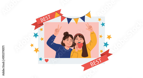 Two best friends posing for a photo decorated with colorful stars, bunting, and a red ribbon with the word best in a celebratory style.