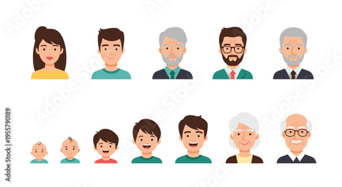 Collection of diverse human avatars representing different ages from infancy to seniority in two rows on a plain white background.