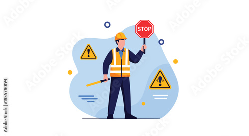 Safety officer in high visibility clothing holding a stop sign and a warning baton in front of traffic caution and warning symbols.
