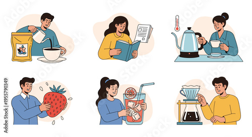 Collection of diverse people engaged in various activities related to preparing and enjoying different types of coffee and fruit drinks.