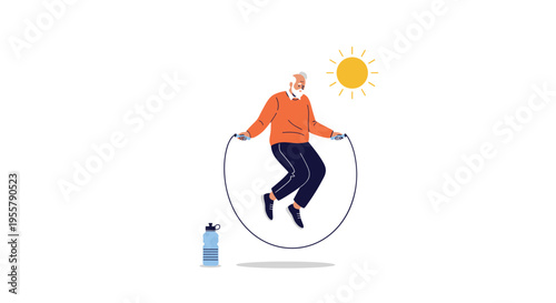 Active elderly man with a white beard is seen jumping rope outdoors on a sunny day next to a water bottle to maintain his health and fitness.