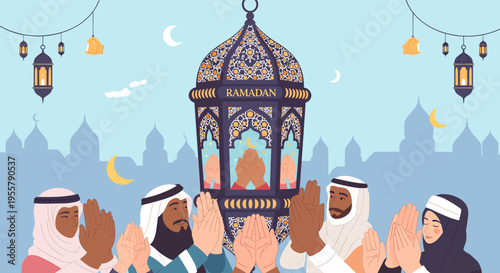 This illustration depicts a man in traditional Arabic attire in a moment of prayer, conveying peace and spirituality. Ideal for content related to fai