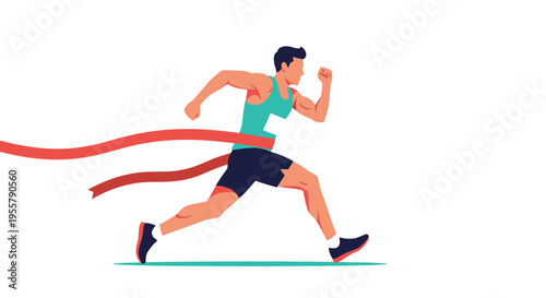 Focused male athlete in a running pose is seen sprinting through a red finish line ribbon during a track and field competition.