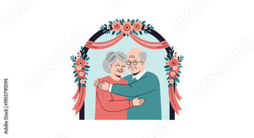 Loving elderly couple is shown embracing warmly within a decorative floral arch with red roses and pink ribbons.