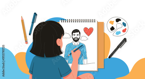 Young girl is seen from behind drawing a portrait of a smiling man with a beard in her sketchbook using a blue pencil.