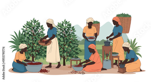 Group of African women in traditional clothing are working together to harvest, sort, and grind fresh coffee beans in a rural setting.