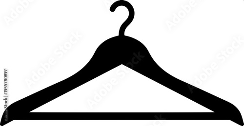 Minimal black and white icon of a clothes hanger with a collared shirt, flat vector design, simple bold shapes, white background, clean modern style.