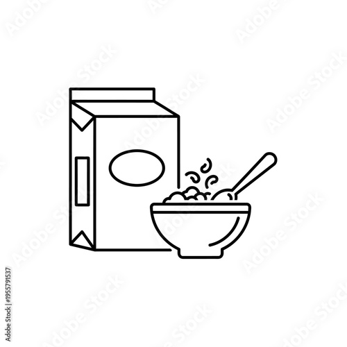 Cereal box and bowl of food with spoon and milk carton on white background