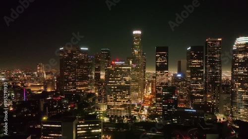 Los Angeles skyline in motion. LA downtown night motion. Los Angeles night cityscape from drone. Los Angeles city lights. LA night cityscape video. Los Angeles downtown night view.