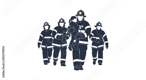 Firefighters rescuing a child depicted in a striking dark silhouette