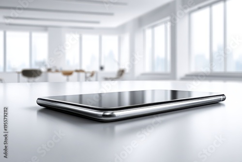 A sleek modern smartphone lying on a white table in a bright, minimalist office setting, showcasing its elegant design and premium materials, with natural light.