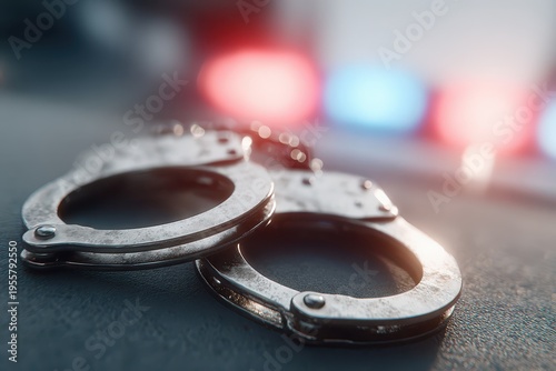 Close-up of steel handcuffs lying on a dark surface with blurred police lights in background, symbolizing law enforcement and justice, and potential arrest concept.