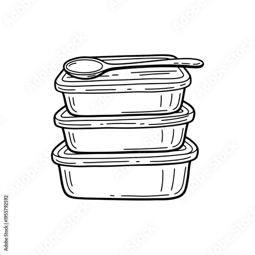 Stacked food containers with spoon on top, meal prep and leftovers storage concept