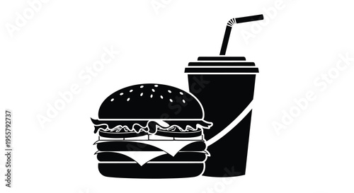 Fast food meal including a burger and soda black silhouette