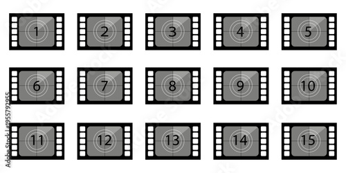 Set of 15 Film Countdown Icons Vector - Movie Reel Frames with Numbers 1 to 15 for Video Editing