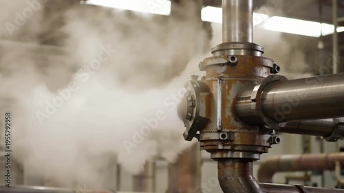 Industrial rusty metal steam pipe and valve in factory machinery showing mechanical parts, pipe joints, steam emission, and metal texture close up in industrial plant environment