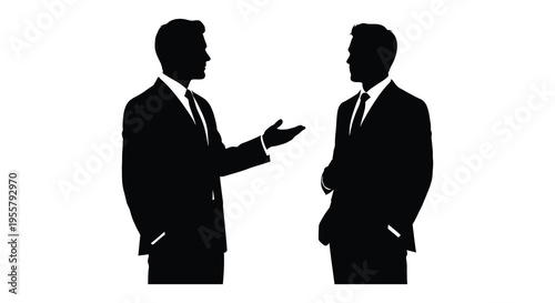 Two businessmen in suits engaged in conversation stark black silhouette
