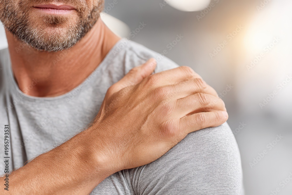 Fototapeta premium Close-up of a middle-aged man experiencing shoulder pain, with his hand resting on the affected area, wearing a grey t-shirt, indoors with soft lighting.