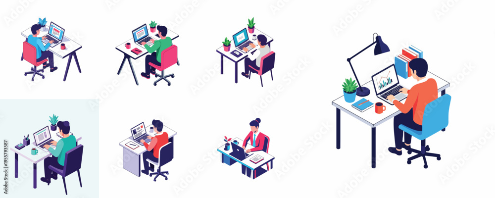 Fototapeta premium Vector scene set of a person using a laptop at a workspace desk, isometric vector illustration, flat design, vibrant colors, clean white background