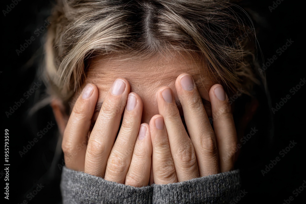 Fototapeta premium An emotive close-up portrait of a woman with her face hidden, hands shielding her eyes, conveying feelings of sadness and despair, on dark background.
