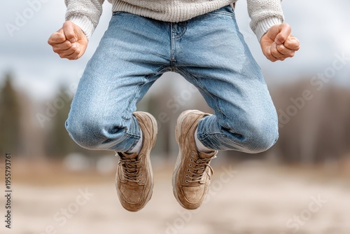 A dynamic shot of a person jumping high in the air, wearing jeans, sneakers, showing energy and exuberance against blurred background during outdoor adventure.