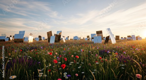 Futuristic solar panels in a wild flower meadow at sunset, clean renewable energy technology and environmental nature conservation concept illustration